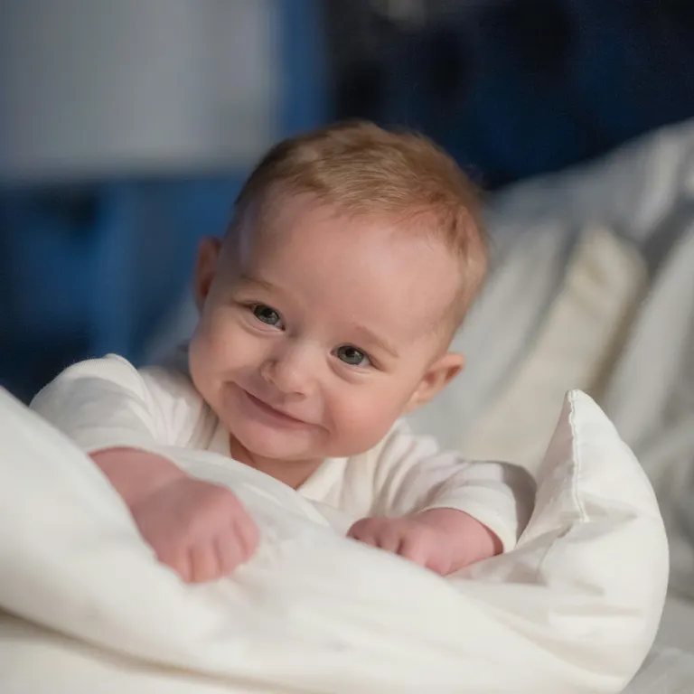 Smilende baby i seng